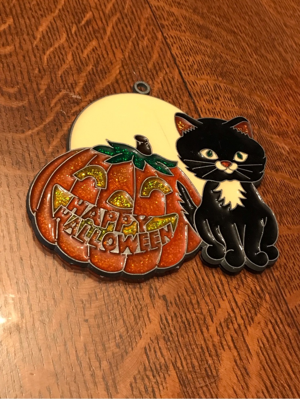 Vintage Halloween Black Cat Jack O Lantern Pumpkin Suncatcher